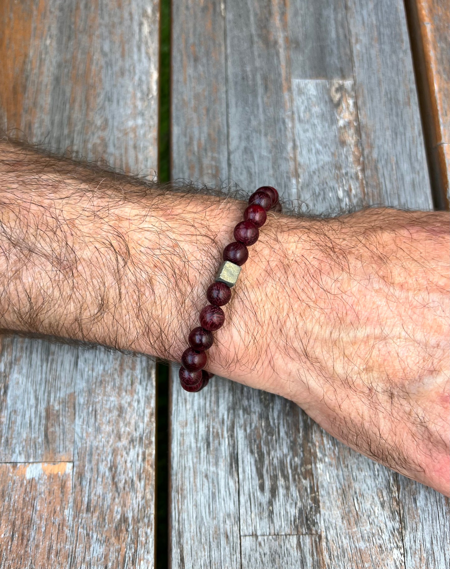 Mens Wood Bracelet With Pyrite Bead