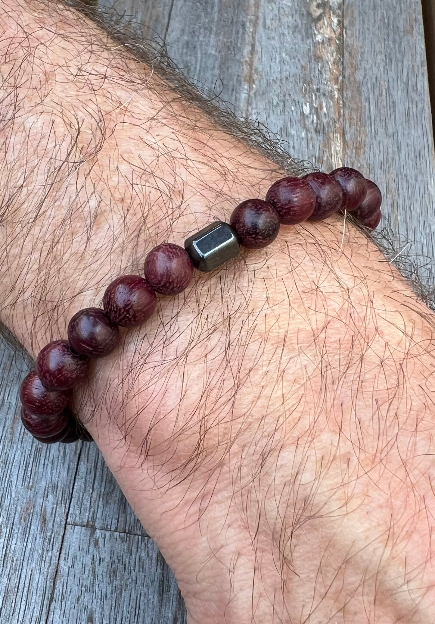 Mens Wood Bracelet With Hematite Bead